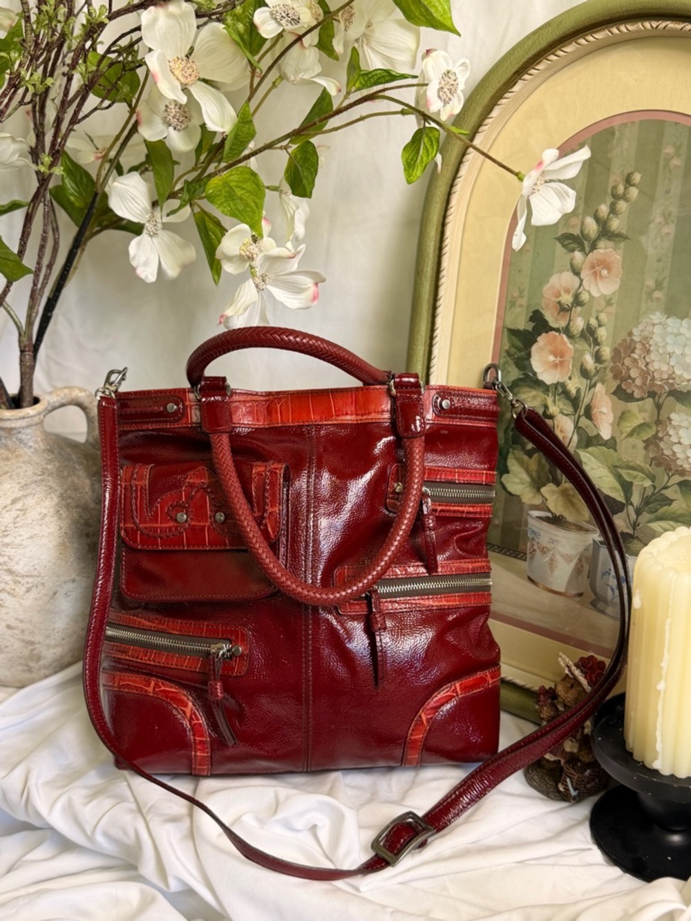 Vintage Brighton Red Leather Patent Crossbody Tote with Multiple Zip Pockets - Picture 2 of 8